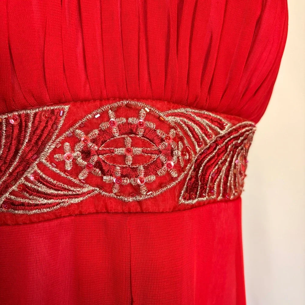 City Triangles Gorgeous Vintage Red Halter Gown with red beaded detailing